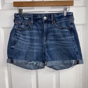 American Eagle Tom Girl Shorts Blue Denim Distressed Cuffed Wmns Sz 0